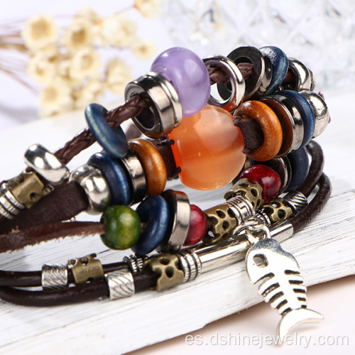 Pulsera de cuero retro tejida hecha a mano brazalete de perlas